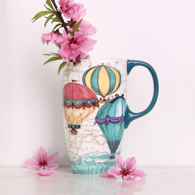 TZSSP Coffee Ceramic Mug Porcelain Latte Tea Cup With Lid 17oz. Balloon - Image 3